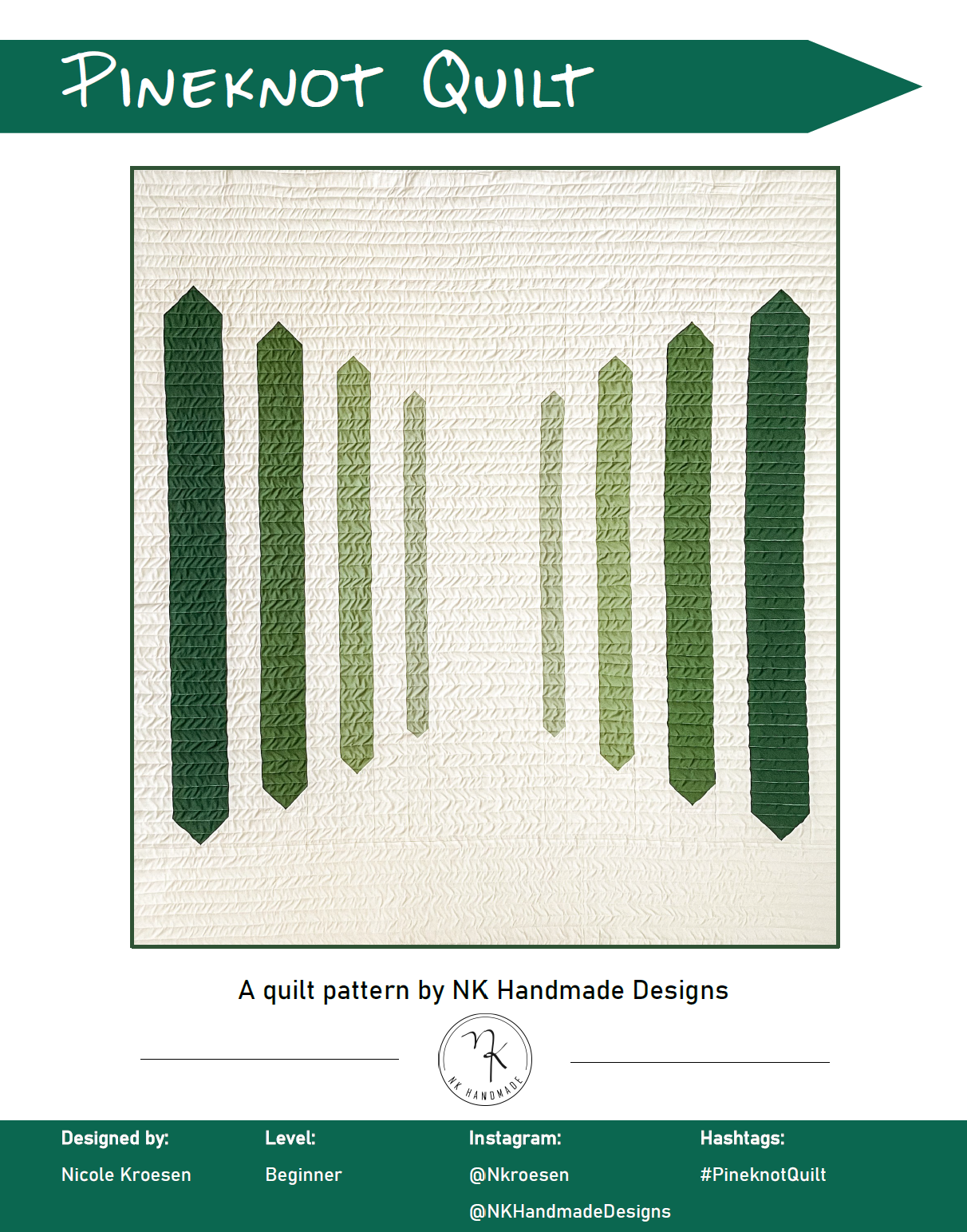 Cover image of the Pineknot quilt - a modern wuilt with a gradient of green vertical stripes
